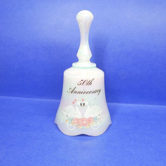 Fenton Musical Bell 50th Anniversary Swans Iridescent Glass - Picture 1 of 11